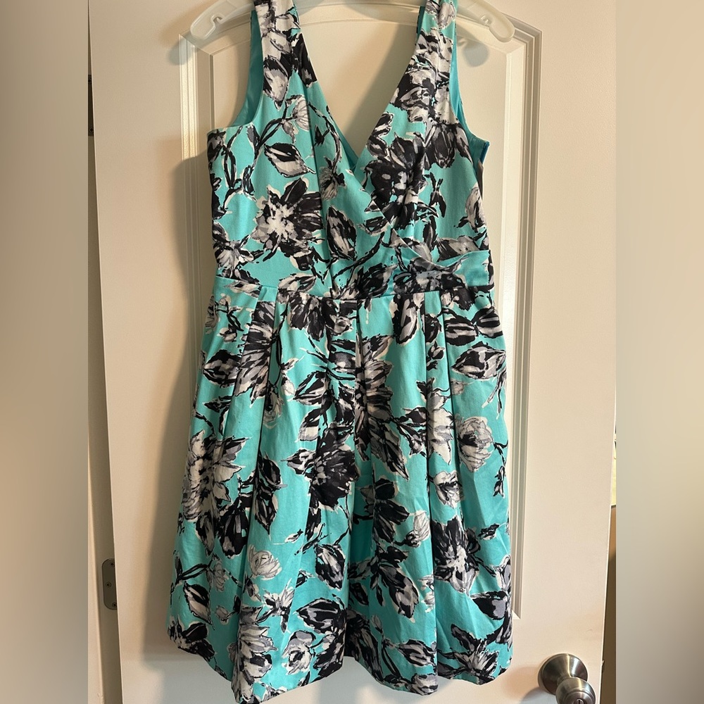 Teal, black, white floral v neck dress